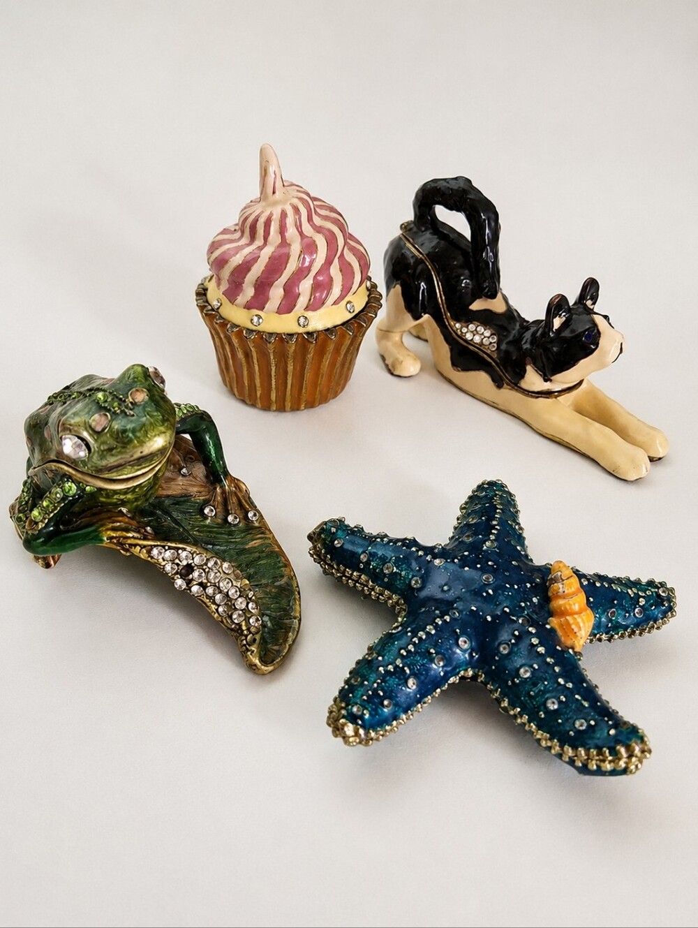 Jeweled Enamel Trinket Box Set Frog Cat Starfish Cupcake Collectibles